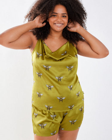 Curve Olive Bee Satin Cowl Neck Cami Short Pyjama Set
